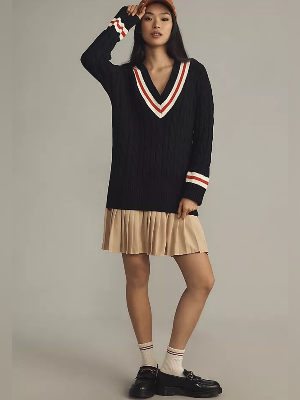 English Factory Preppy Cable Knit Sweater Dress Navy Beige Tennis Old Money Chic